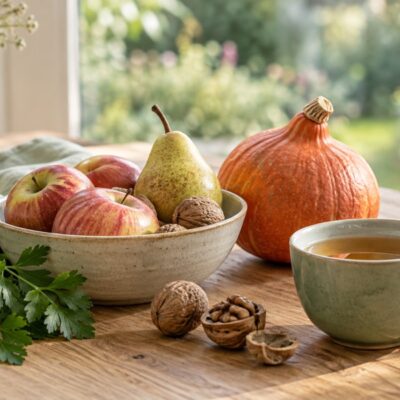 Herbstliche Auszeit mit Kräutertee, Äpfeln, Birne, Walnüssen und Kürbis am Fenster